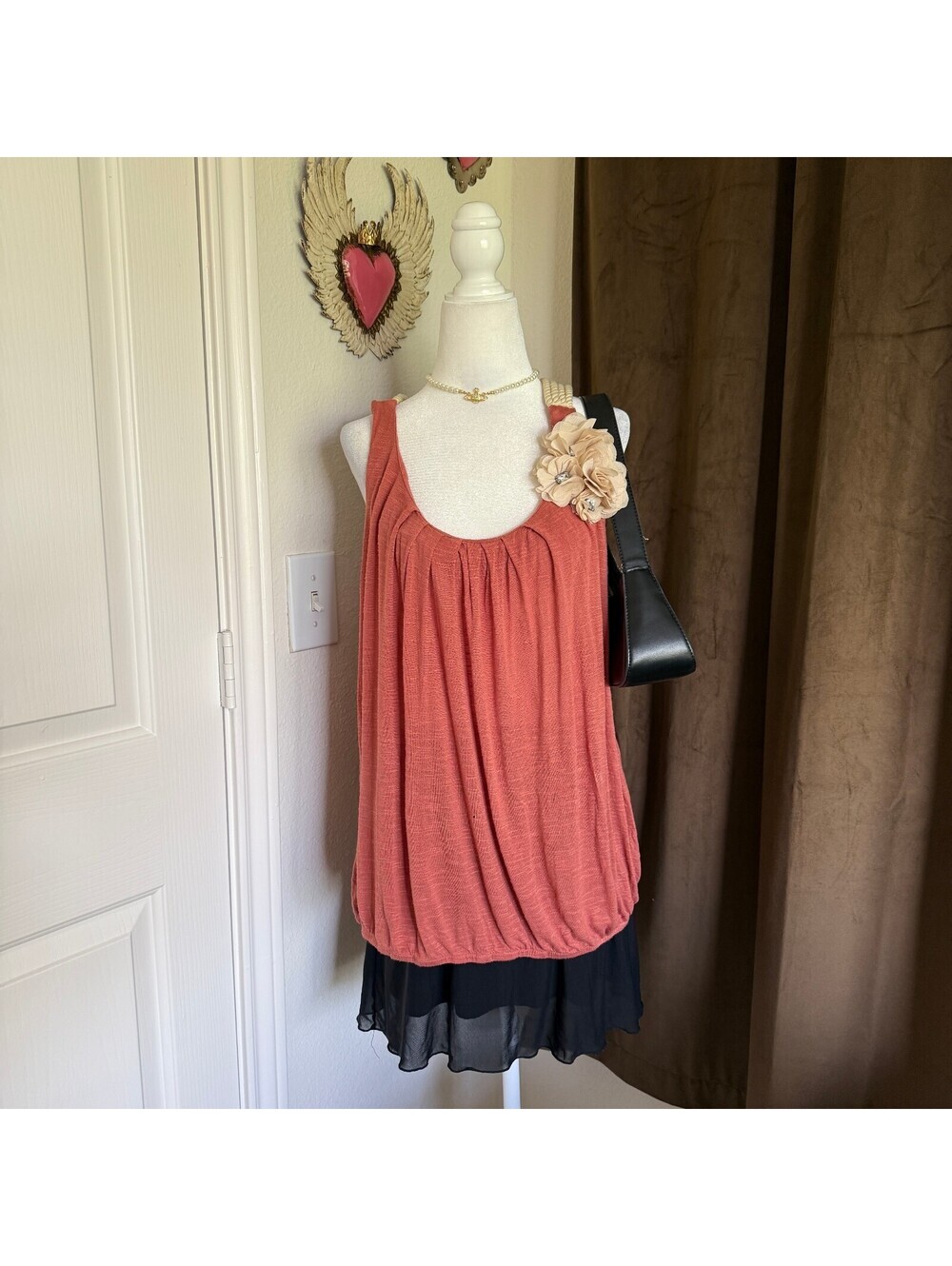 DownEast Y2K Coral Rosette Rope Strap Racerback Bubble Hem Tank Top Women's Sz L